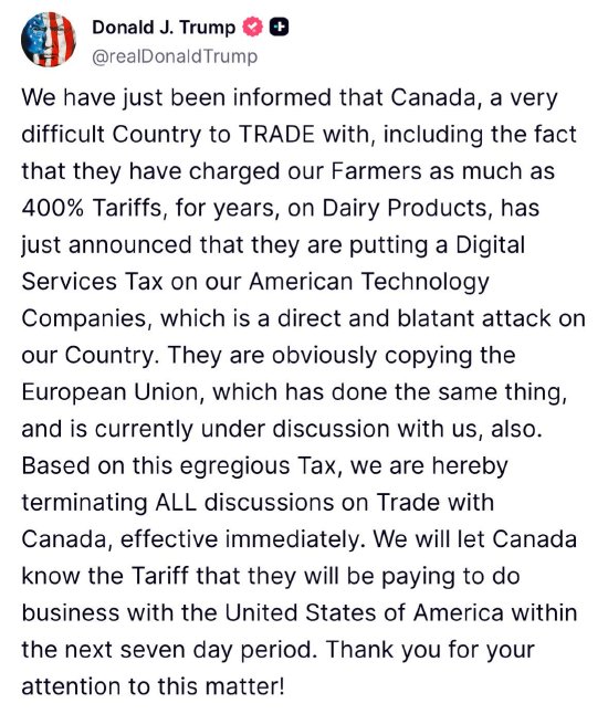 策略赢 特朗普宣布立即中断与加拿大的贸易谈判 威胁对该国征收新关税